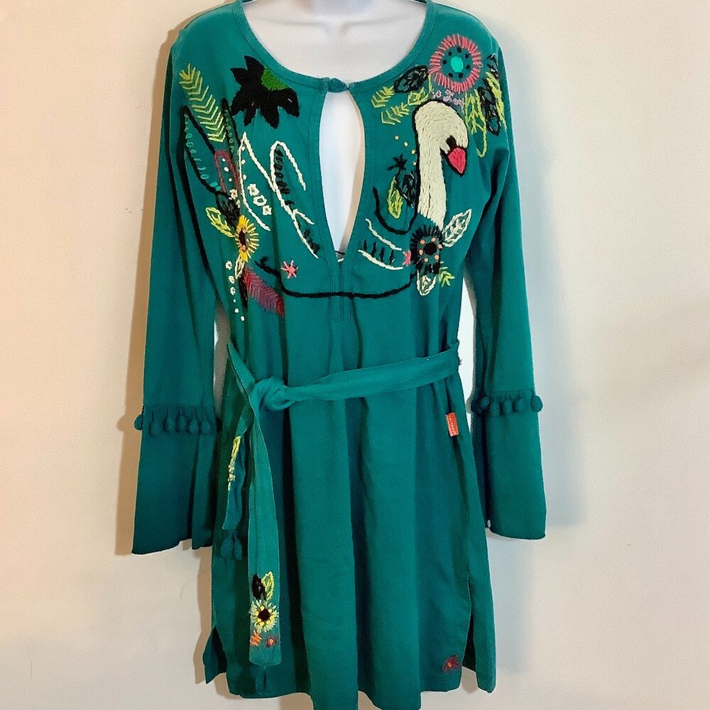 Mini Dress Long Sleeve Boho Embroider Floral Animal Beaded Scoop Neck Medium